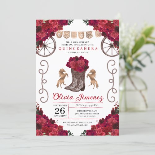 Red Floral Western Cowgirl Boots Quinceanera Invitation