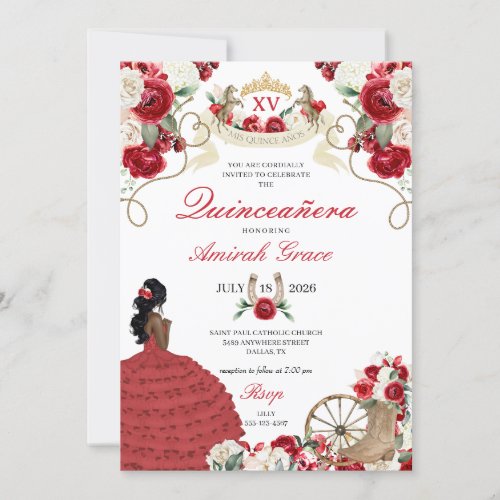 Red Floral Western Horses Cowgirl Quinceaera Invitation