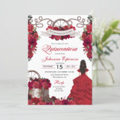 Red Floral Western Ranchero Quinceanera Invitation (Standing Front)