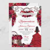 Red Floral Western Ranchero Quinceanera Invitation (Front/Back)