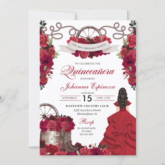 Red Floral Western Ranchero Quinceanera Invitation (Front)