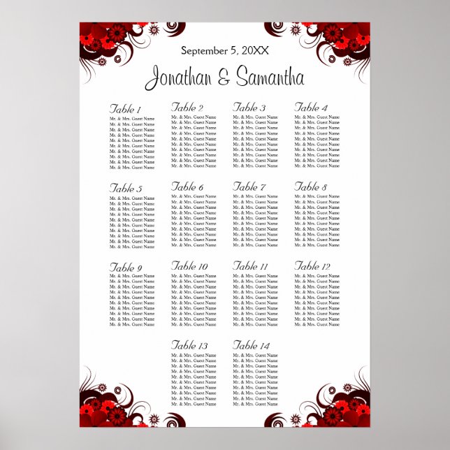 Red Floral & White 14 Wedding Table Seating Chart (Front)