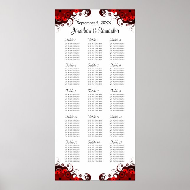 Red Floral & White 15 Wedding Tables Seating Chart (Front)