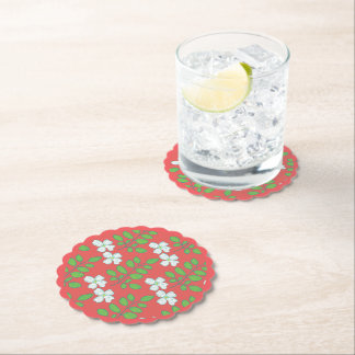 Red Floral White Blossoms & Green Leaves Paper Coaster