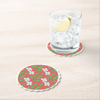 Red Floral White Blossoms & Green Leaves Paper Coaster