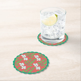 Red Floral White Blossoms & Green Leaves Paper Coaster
