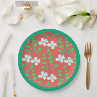 Red Floral White Blossoms & Green Leaves Paper Plates