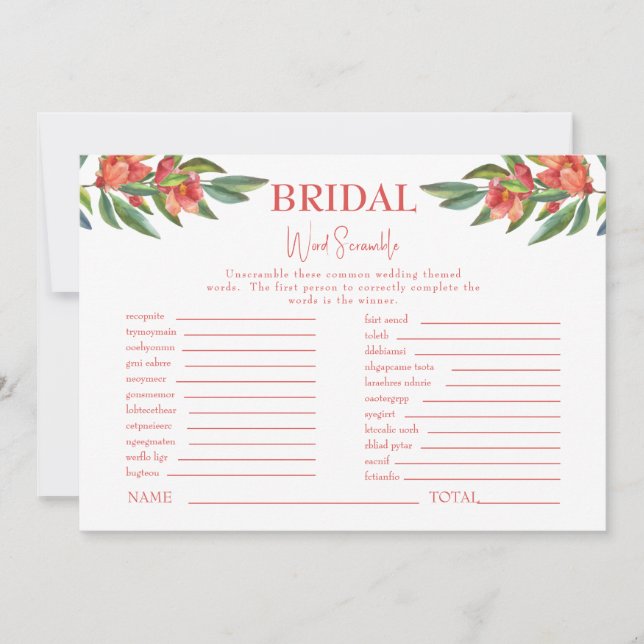 Red Floral White Bridal Shower Word Scramble Game Invitation (Front)