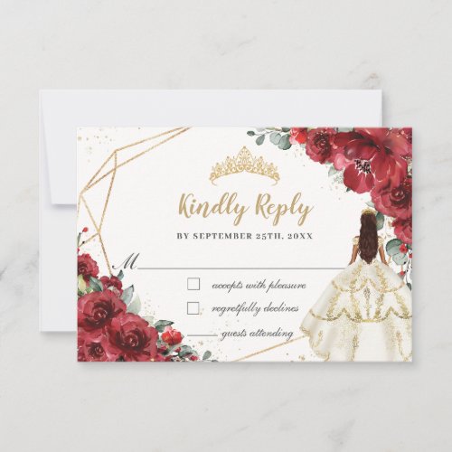 Red Floral White Dress Gold Quinceaera Reply RSVP Card