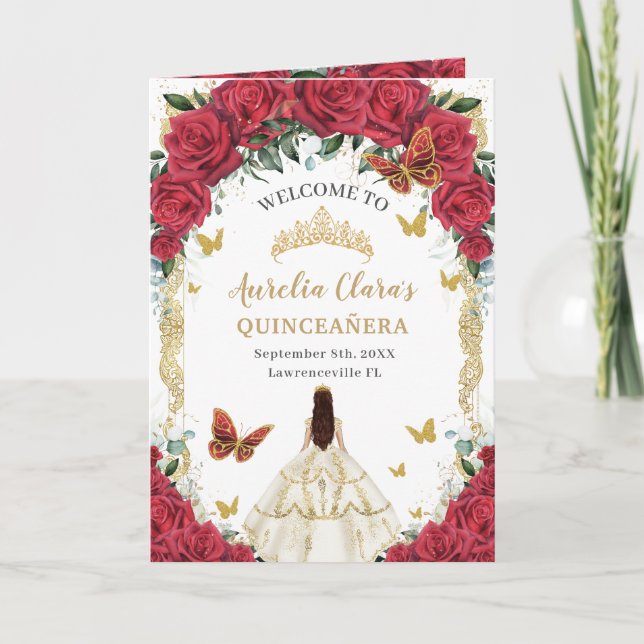 Red Floral White Dress Quinceañera Order of Events Program (Front)