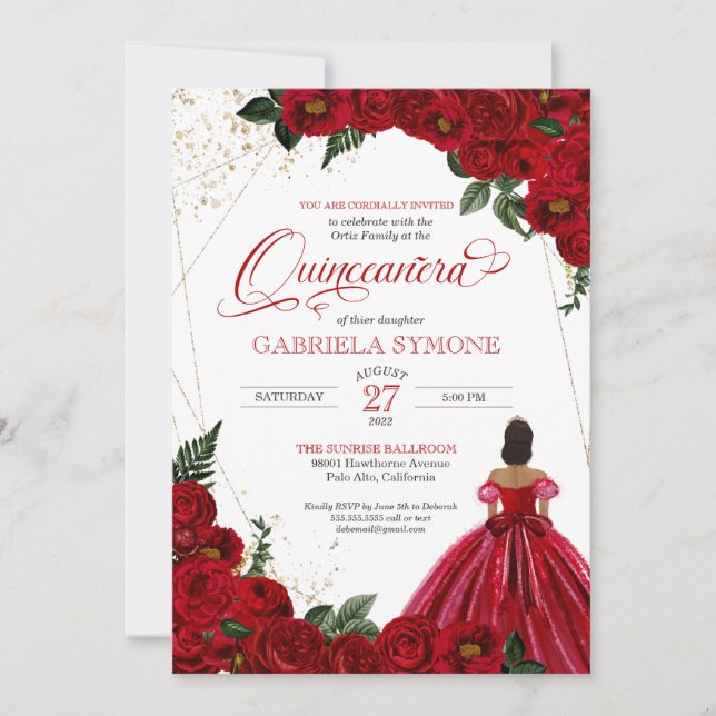 Red Floral White & Gold Elegant Gown Quinceanera Invitation (Front)