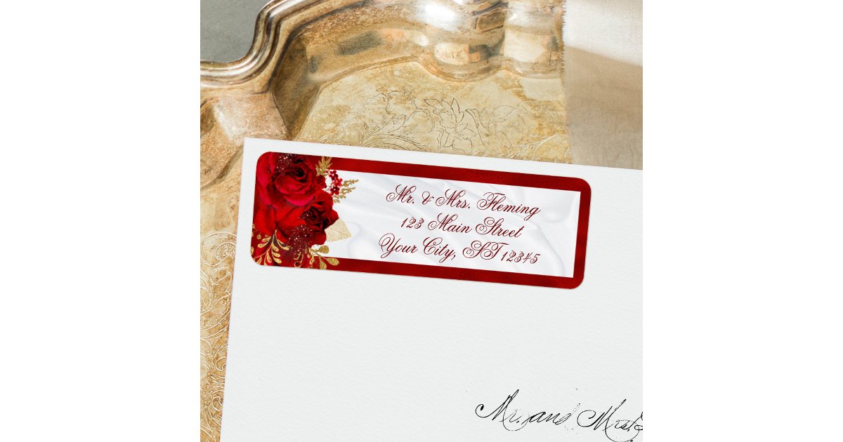 Red Floral White Satin Wedding Return Address Label | Zazzle