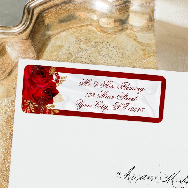 Red Floral White Satin Wedding Return Address Label (Creator Uploaded)