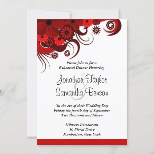 Red Floral White Wedding Rehearsal Dinner Invites