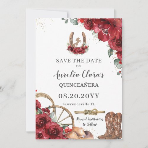 Red Floral Wild West Horse Charro Quinceaera  Save The Date