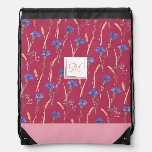 Red Floral Wildflower Customized Monogram Drawstring Bag