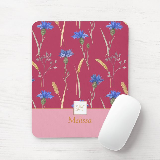 Red Floral Wildflower Monogram Mouse Pad (With Mouse)