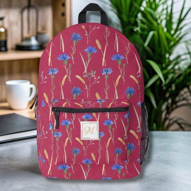 Red Floral Wildflower Monogram Printed Backpack (Creator Uploaded)