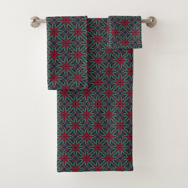Red Floral With Green and Blue Bath Towel Set (Insitu)