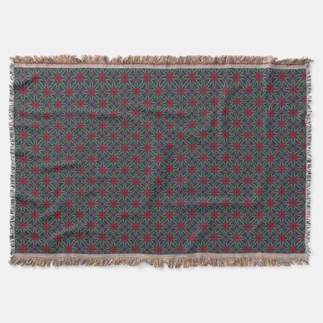 Red Floral With Green and Blue Throw Blanket (Front)