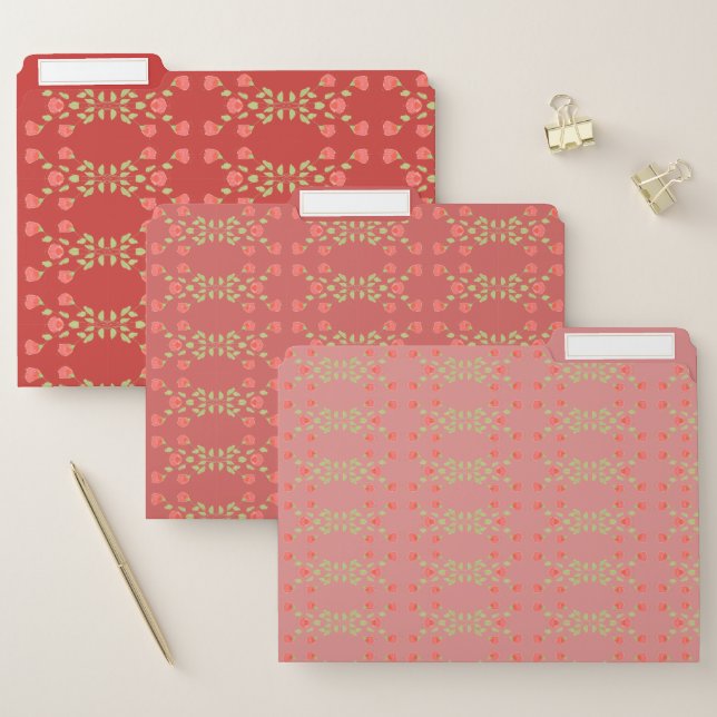 Red Floral With Pink File Folders (Set)
