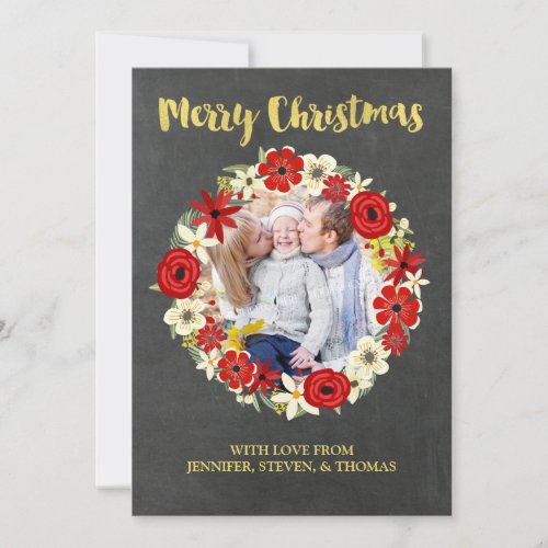 Red Floral Wreath Chalkboard Merry Christmas Photo Holiday Card