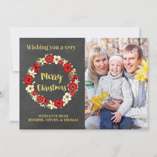 Red Floral Wreath Chalkboard Merry Christmas Photo Holiday Card
