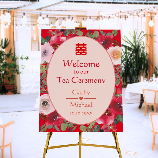 Red floral wreath Chinese tea ceremony sign (Creator Uploaded)