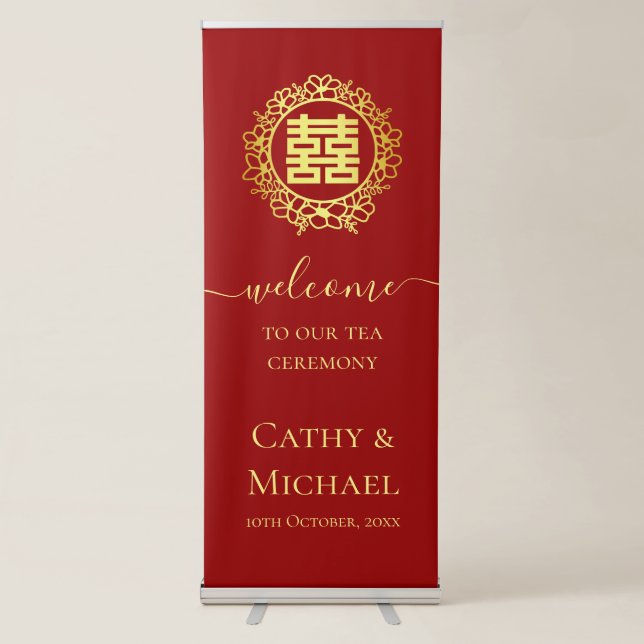 Red floral wreath chinese tea ceremony welcome retractable banner (Front)