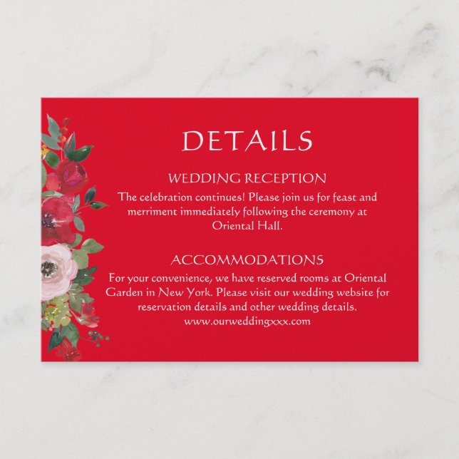 Red floral wreath Chinese wedding details Enclosure Card (Front)