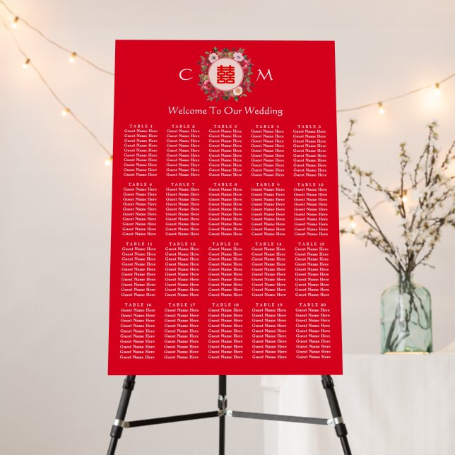 Red floral wreath Chinese wedding seating chart Foam Board (In Situ (Stand))