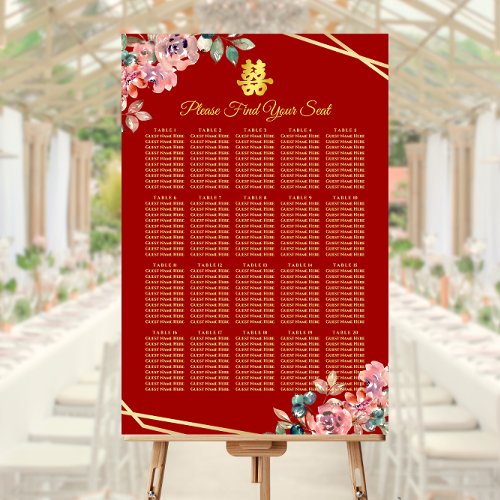 Red floral wreath chinese wedding seating chart foam board