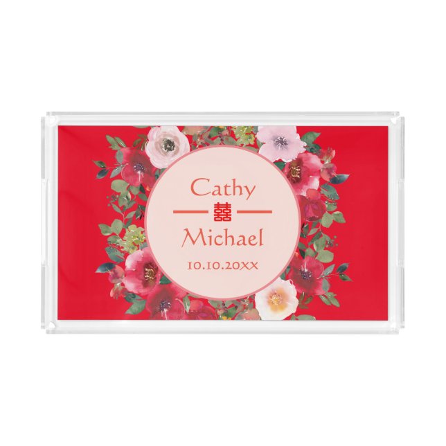 Red floral wreath Chinese wedding tea ceremony Acrylic Tray (Front)