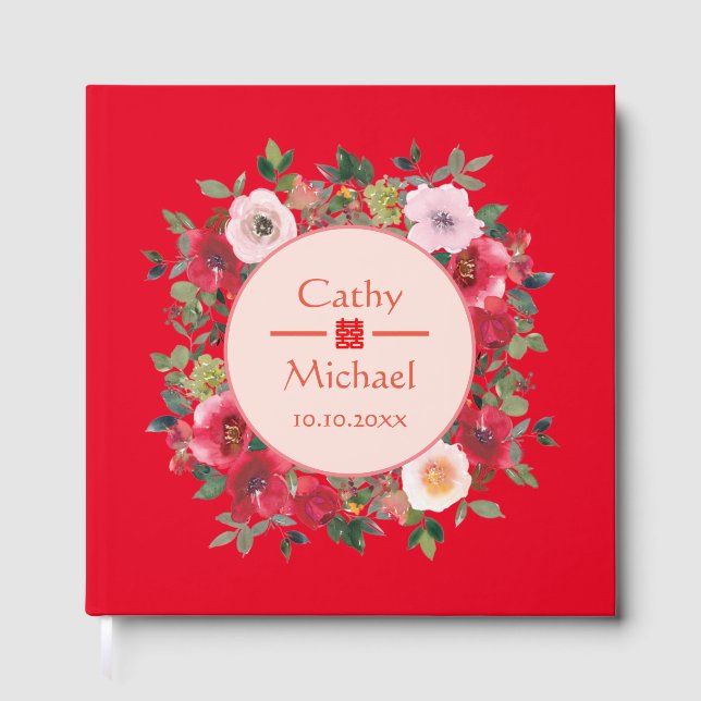 Red floral wreath Chinese wedding tea ceremony Guest Book (Front)