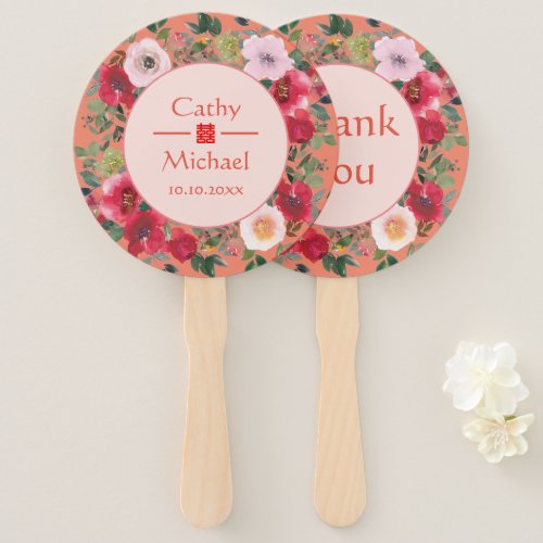 Red floral wreath Chinese wedding thank you Hand Fan