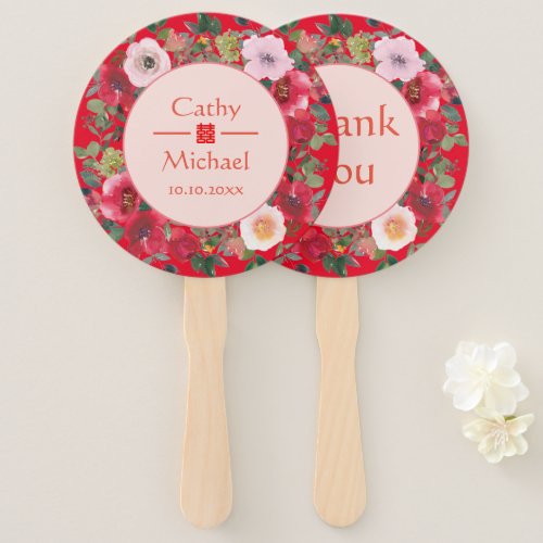 Red floral wreath Chinese wedding thank you Hand Fan