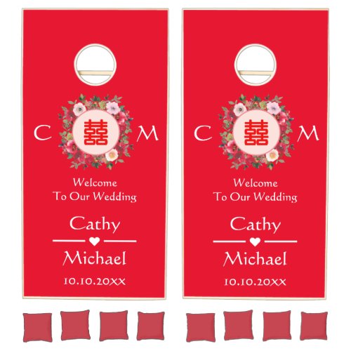 Red floral wreath Chinese wedding welcome Cornhole Set