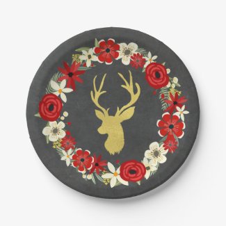Red Floral Wreath Gold Deer Chalkboard Christmas Paper Plate