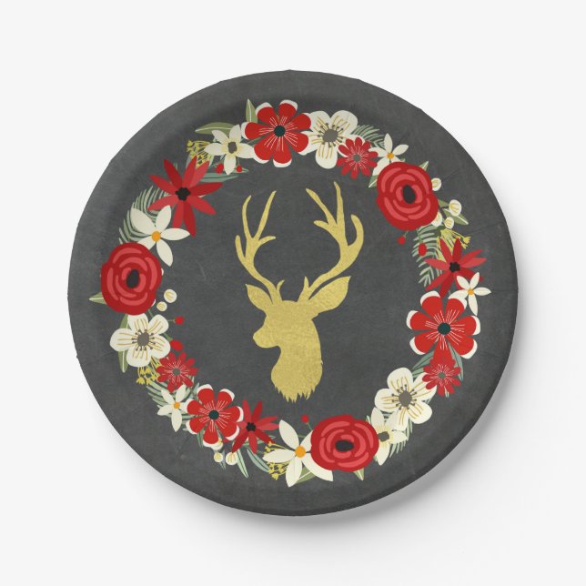 Red Floral Wreath Gold Deer Chalkboard Christmas Paper Plates (Front)