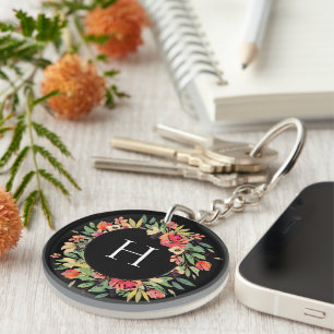 Red Floral Wreath Monogram Keychain