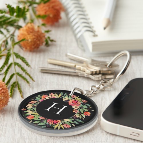 Red Floral Wreath Monogram Keychain