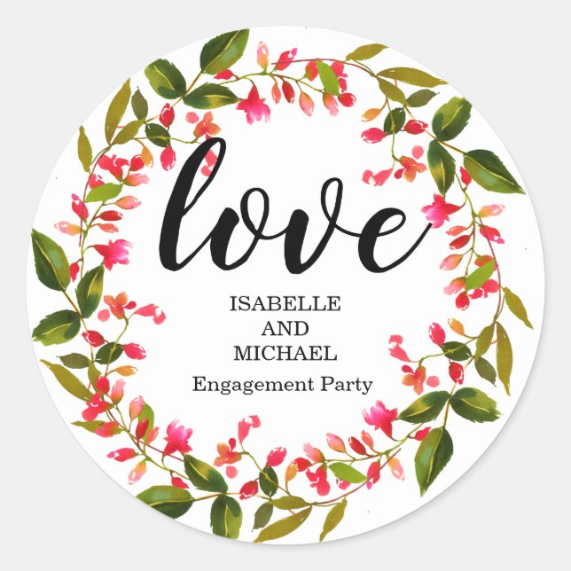 Red Floral Wreath Personalized Engagement Party Classic Round Sticker (Front)