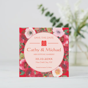 Red floral wreath red flowers Chinese wedding Save The Date