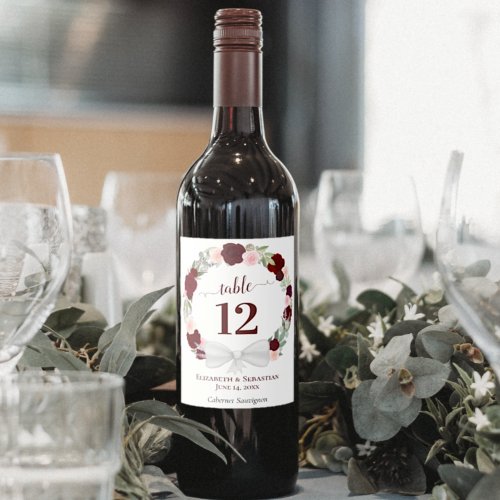 Red Floral Wreath Wedding Table Number Wine Label