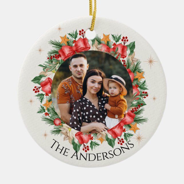 Red Florals Family Photo Merry Christmas Ceramic Ornament (Front)