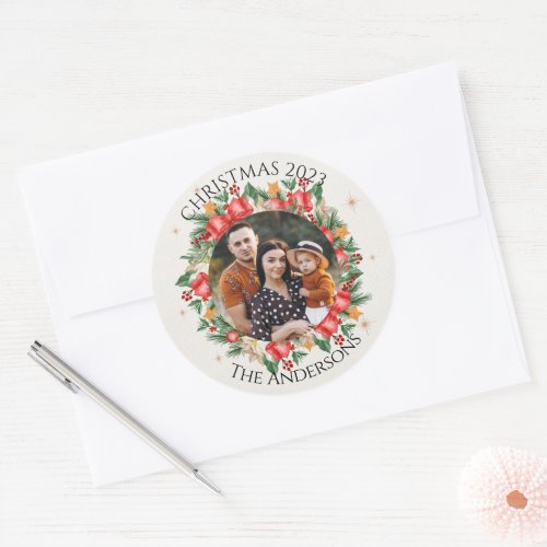 Red Florals Family Photo Merry Christmas Classic Round Sticker