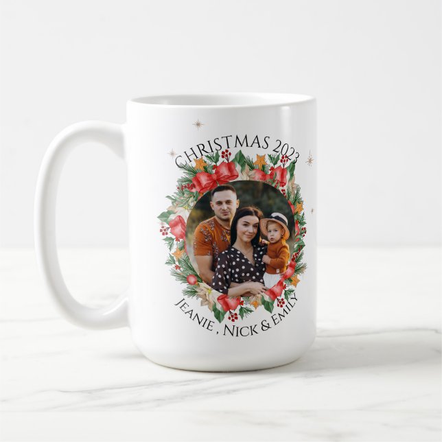 Red Florals Family Photo Merry Christmas Coffee Mug (Left)