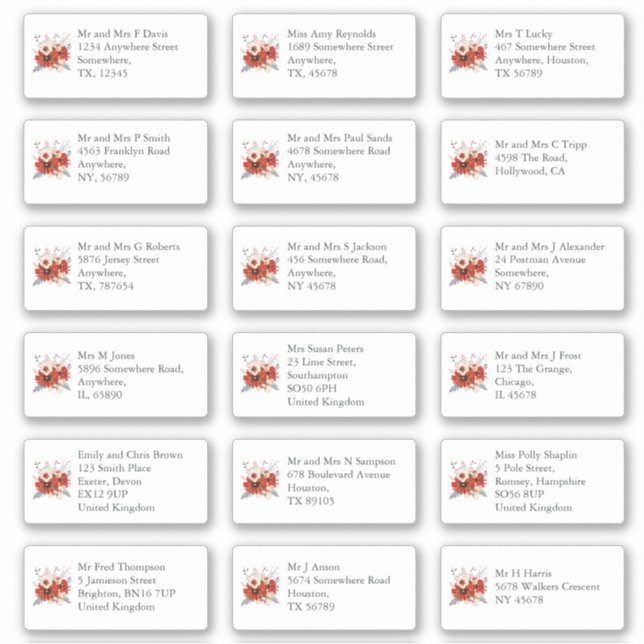 Red Florals Individual Wedding Guest Name Address Sticker (Front)
