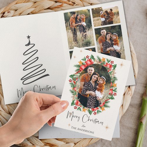 Red Florals Multi Family Photos Merry Christmas Card