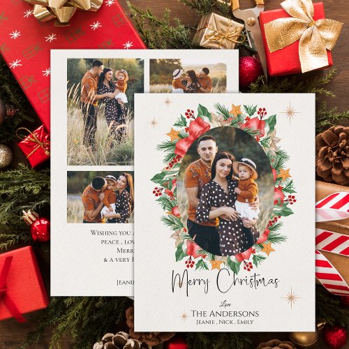 Red Florals Multi Family Photos Merry Christmas Holiday Card